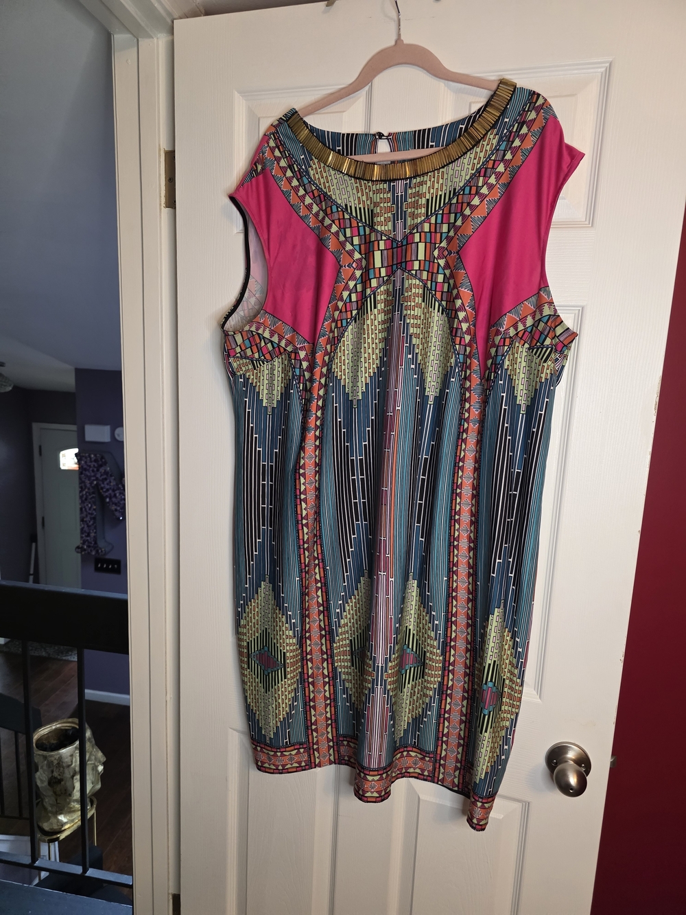 Sandra Darren Multicolor Geometric Print Midi Dress with Pink Accents